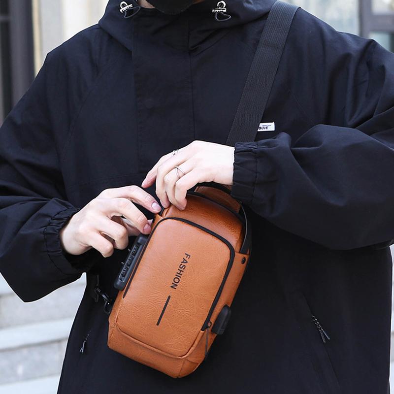 Men's Chest Bag Anti-theft USB Business Messenger Bag Multifunctional Water Repellent Shoulder Bag PU Commuter Backpack Men