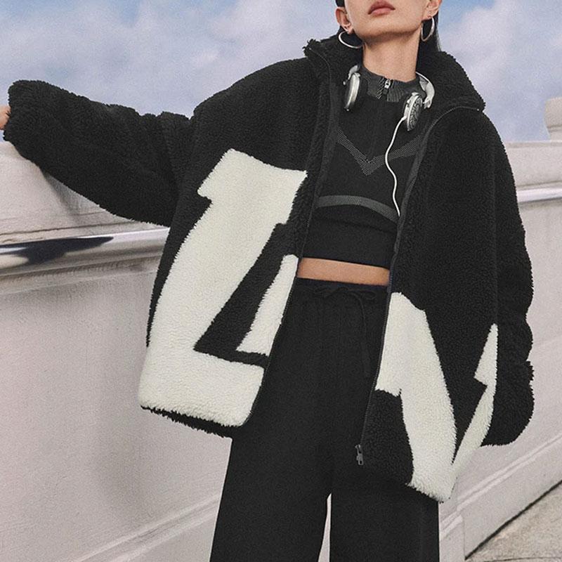 Li Ning Sports Lifestyle Series Color Block Warm Loose Short Lamb Fleece Jacket Unisex Jacket Black AFDT947-2