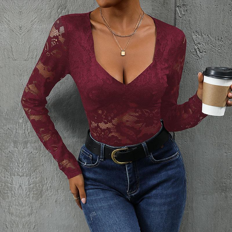 Women  Lace Long Sleeve Bodysuit V Neck Sexy Sheer Mesh Tops Casual Slim Fit Clubwear S