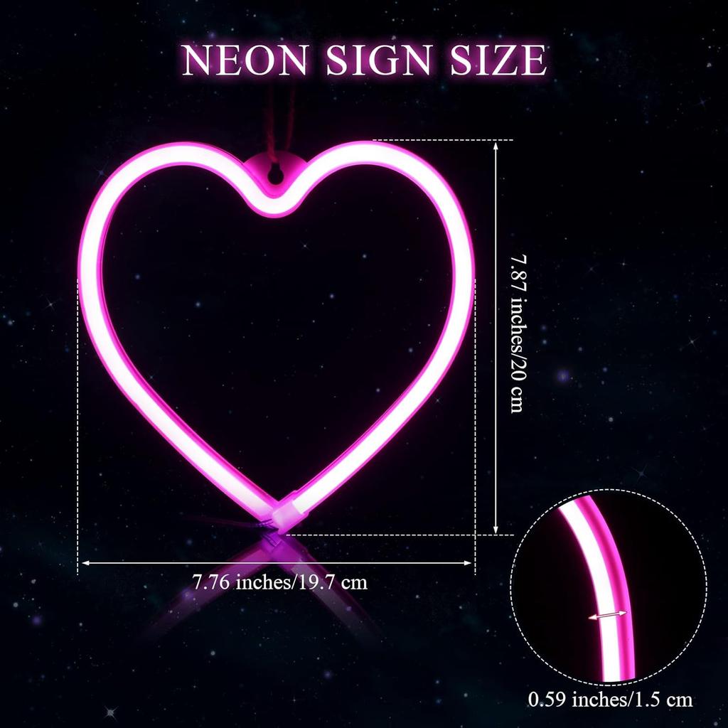 2 Pcs Valentine's Day Neon Heart Lights Pink Heart Neon Signs LED Valentines Day Decor Battery Operated or USB Powered Heart LED Lights for Girls