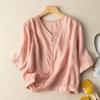 Women Summer New Retro Literary Style Linen Blend V Neck Half Sleeve Casual Simple Blouse