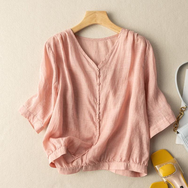 Women Summer New Retro Literary Style Linen Blend V Neck Half Sleeve Casual Simple Blouse