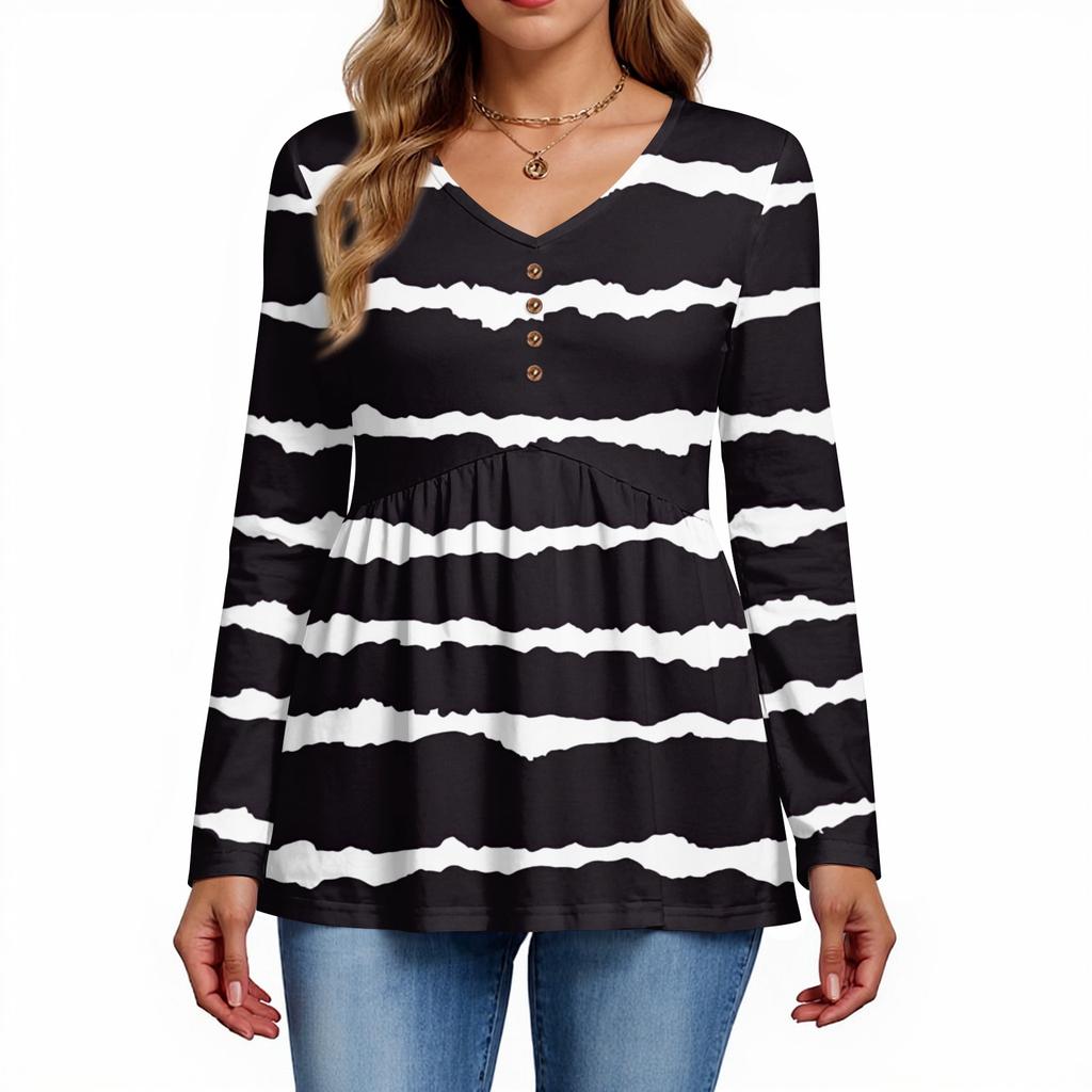 Women's Casual Fashion V-Neck Button Striped Long Sleeve Top
