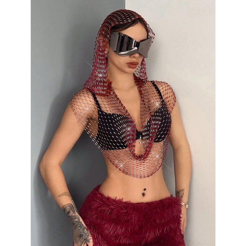 Cross-Border New European and American Women's Clothing: Mesh Rhinestone Fishnet Top, Sweet and Spicy Style, Sparkling Rhinestone Hooded Vest