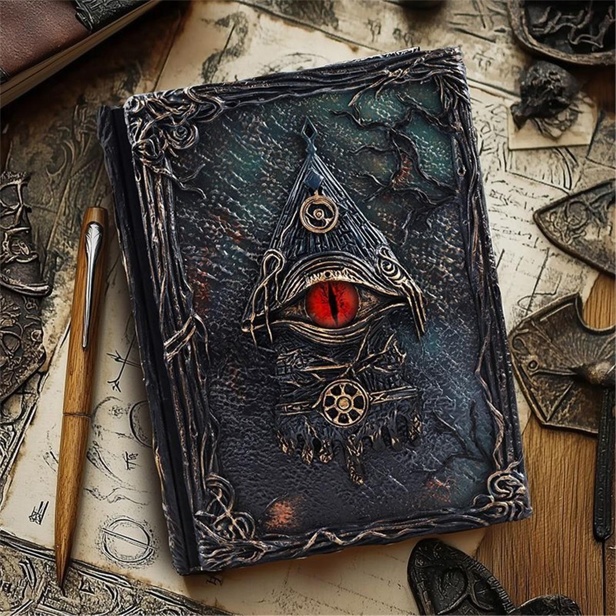 Magiczne Oko Dziennik Vintage - Wytłaczany Skórzany Notes Grimoire, Gotycki Dziennik Czarodziejstwa Dla Wiedźm i Miłośników Okultyzmu, Unikalny Prezent Dark Pupil-22.5x 17cm gray