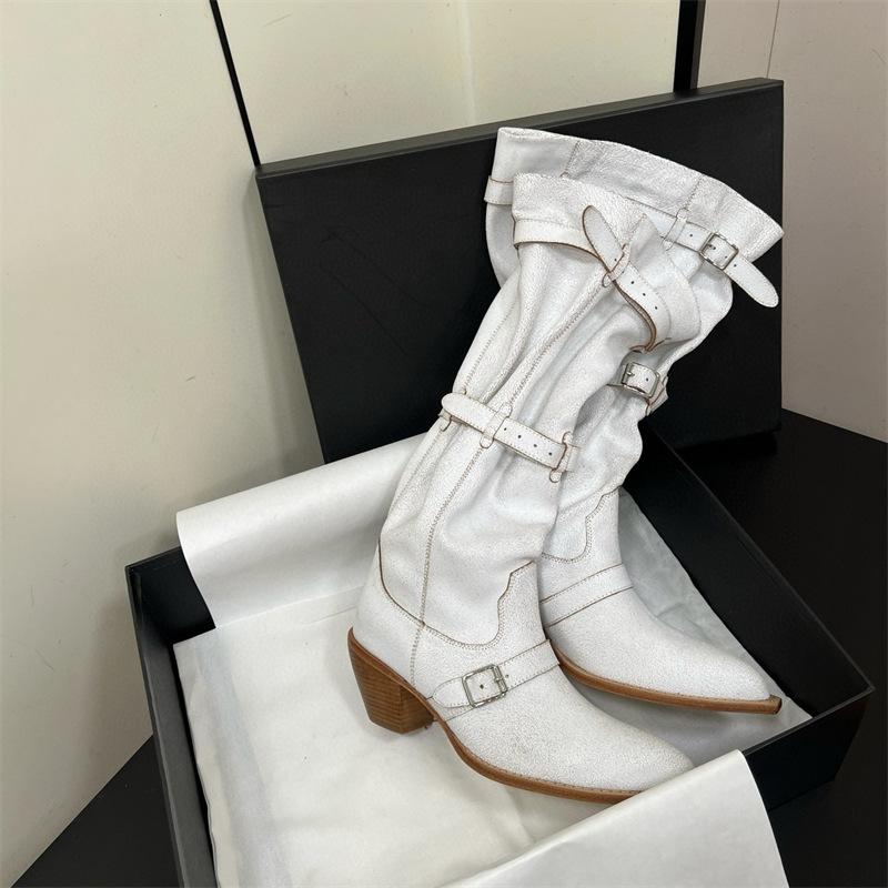 Fashion Vintage Pleated Belt Buckle Faux Suede Women Knee High Boots Autumn Winter Fashion High Heels Western Cowboy Knight Boots Shoes