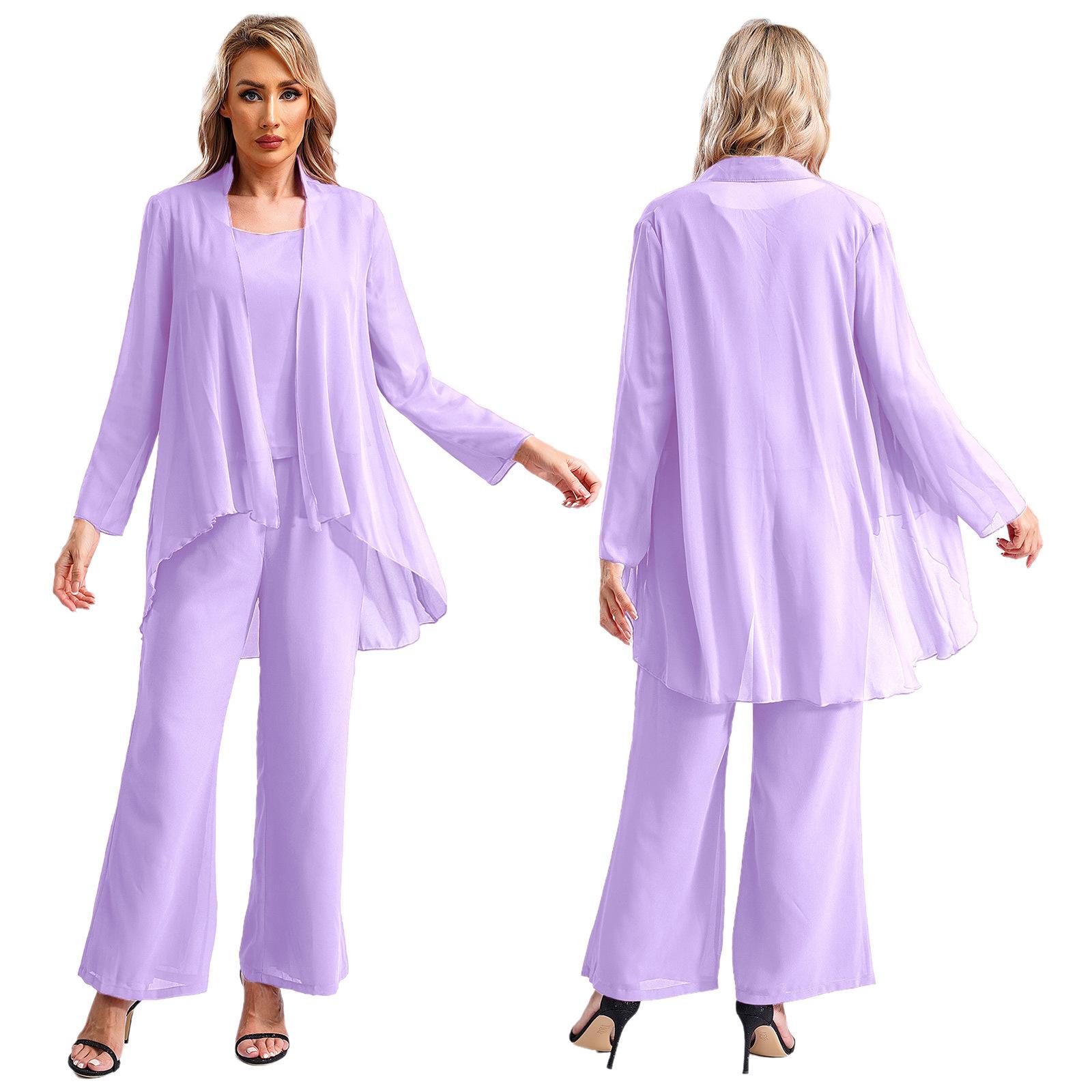 

Жіночий елегантний брючний костюм і піджак Весільні сукні Жіночі шифонові брючні костюми з 3 предметів Комплекти суконь нареченої Коктейльні вечірні офіційні вечірні сукні 2XL лавандовий