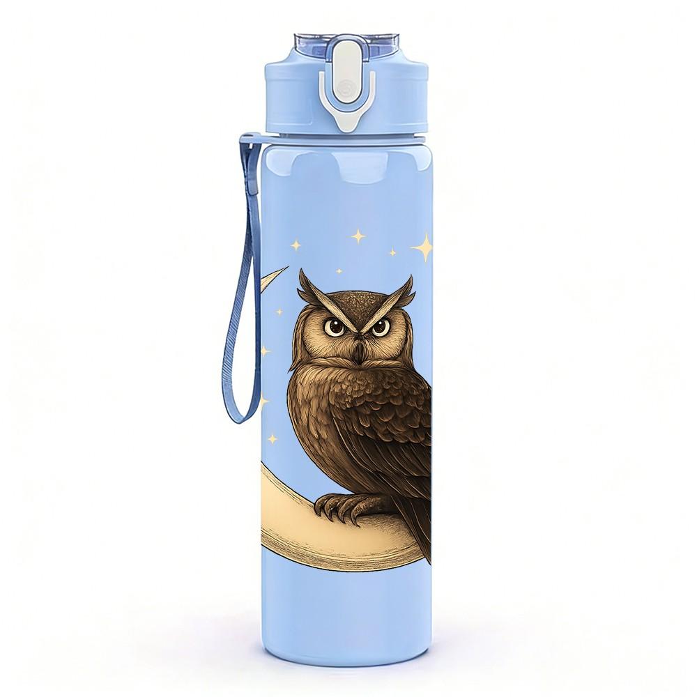 1PC Crescent Moon Owl Print 750ml Color Plastic Sports Water Bottle Leakproof Flip Straw Lid Suitable for Sports Office Home Use