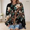 Women Plus Size Round Neck Long Sleeve Black Floral Printed Ribbed Cuffs Pullover Sweatshirt