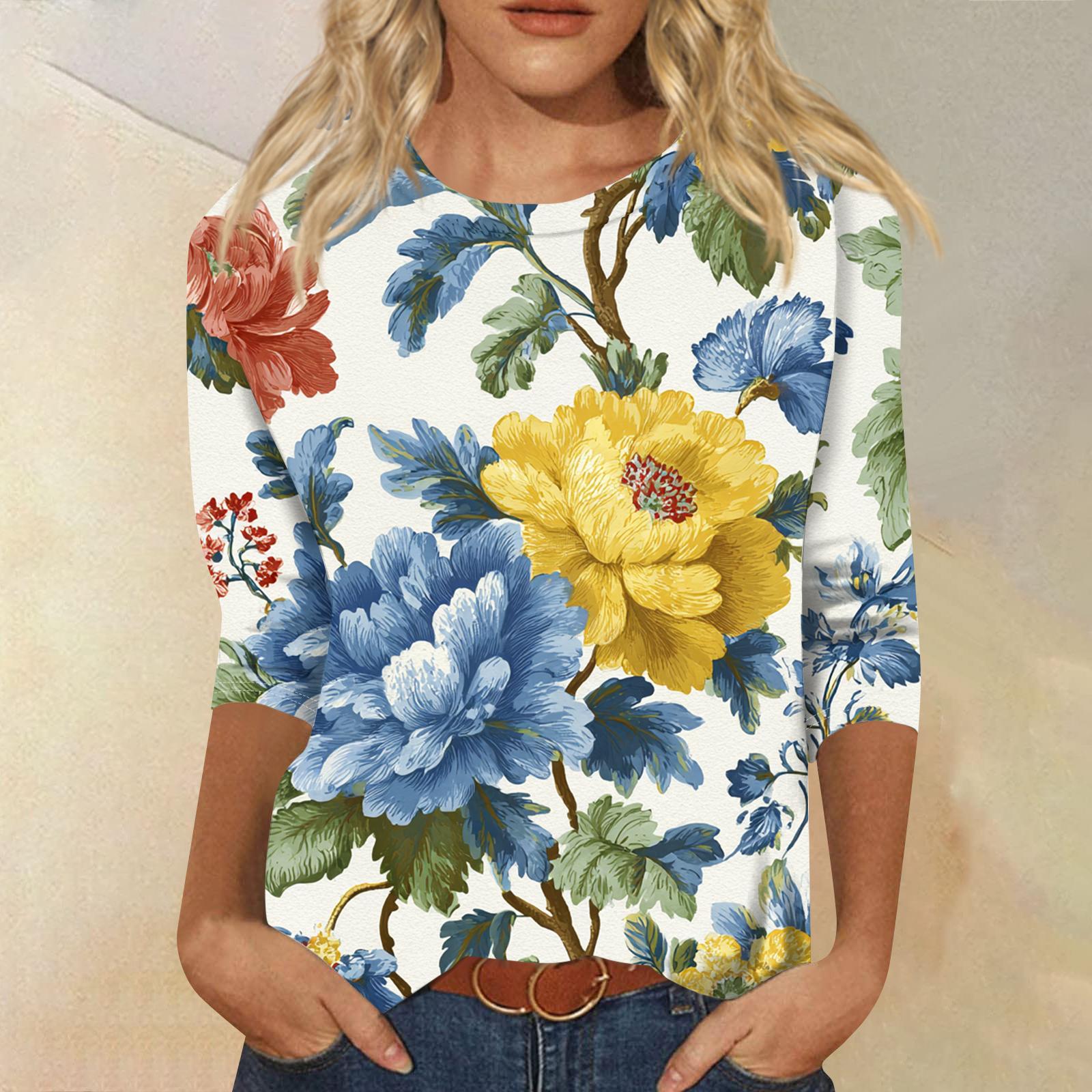 

Женская модная повседневная футболка с круглым вырезом и рукавом три четверти, в стиле ретро, с цветочным принтом XL белый