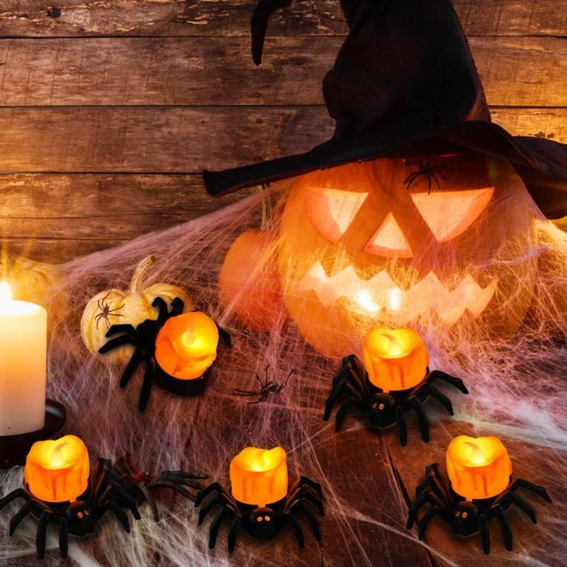 50 szt. Dekoracja Świec Herbatnich Pająków na Halloween, Halloweenowe Bezpłomieniowe Świece LED, Lampiony na Baterie do Halloweenowego Domowego Upiornego Dekorowania