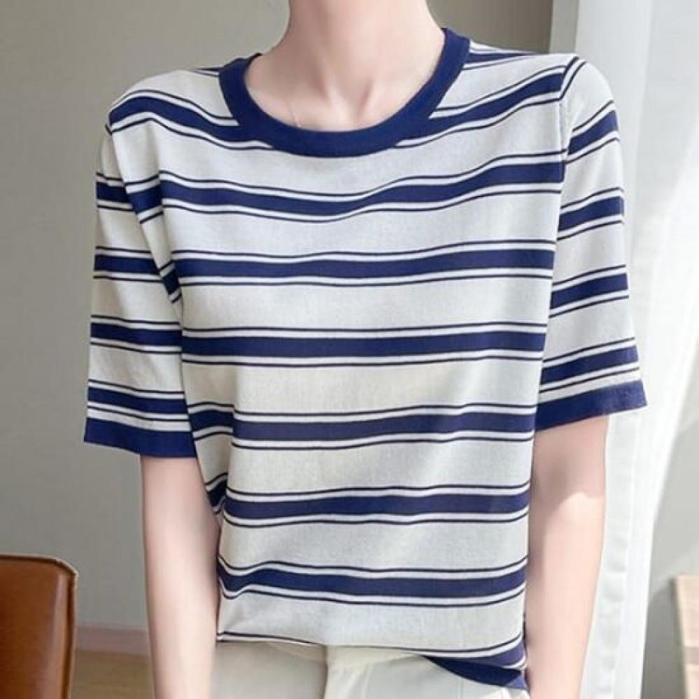 Navava Women ConTrasT STripe Round Neck ShorT Sleeve KniT T shirT Nk3033