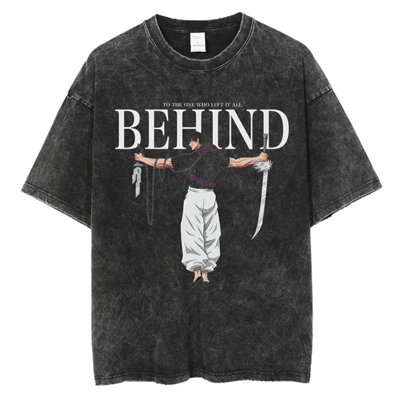 2026 Anime Printed Streetwear Vintage Washed T-shirt Men Harajuku Manga Graphic Print Gojo Acid Wash Tops Tee Shirt Oversized S
