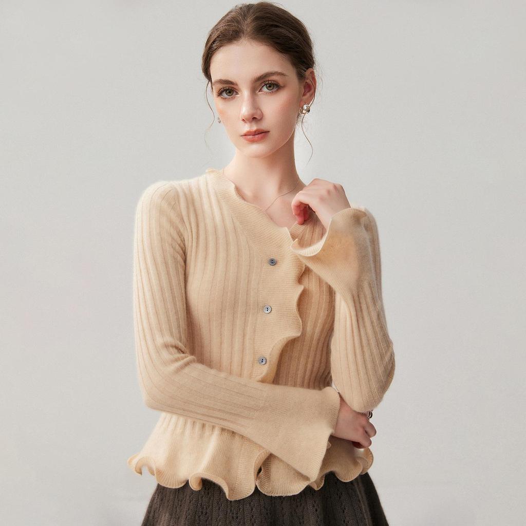 Elegant 3D Wave Edge Cashmere Ruffle Cardigan - Women's Autumn/Winter Flared Sleeve Knitwear