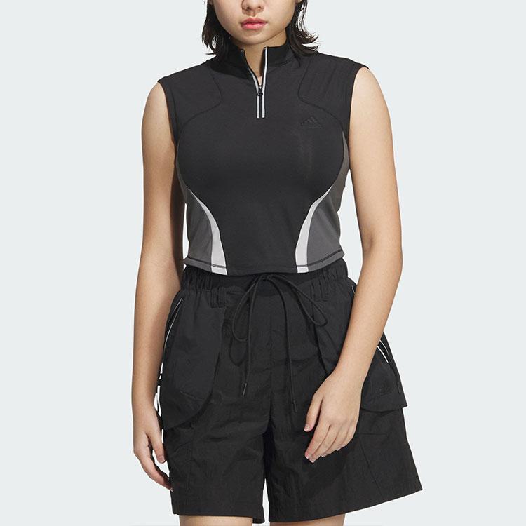 Adidas Sleeveless Zip-Up T-Shirt Striped Quick-Dry Women Tops Black JI7528