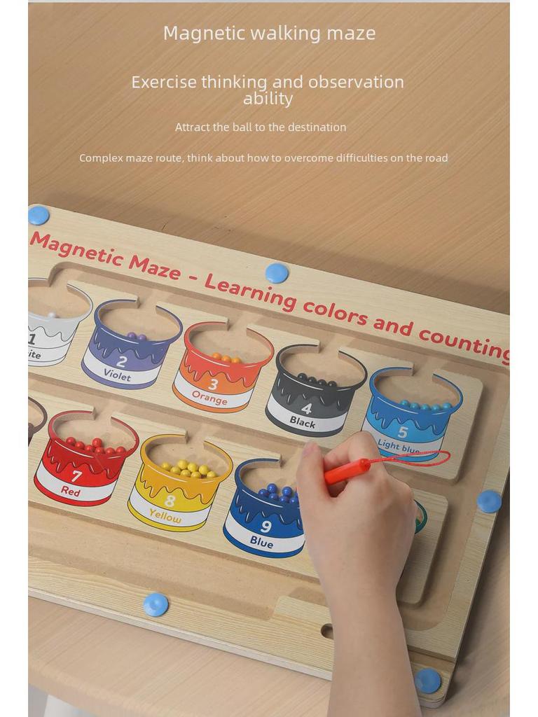Dětsské dřevěné magnetické bludiště a deska pro počítání barev pro logické myšlení