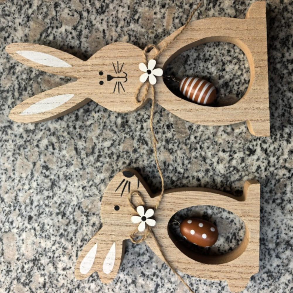2Pcs/Set Cute Wood Easter Decoration Bunny and Eggs Festive Design Wooden Bunny Wooden Easter Decor Easter