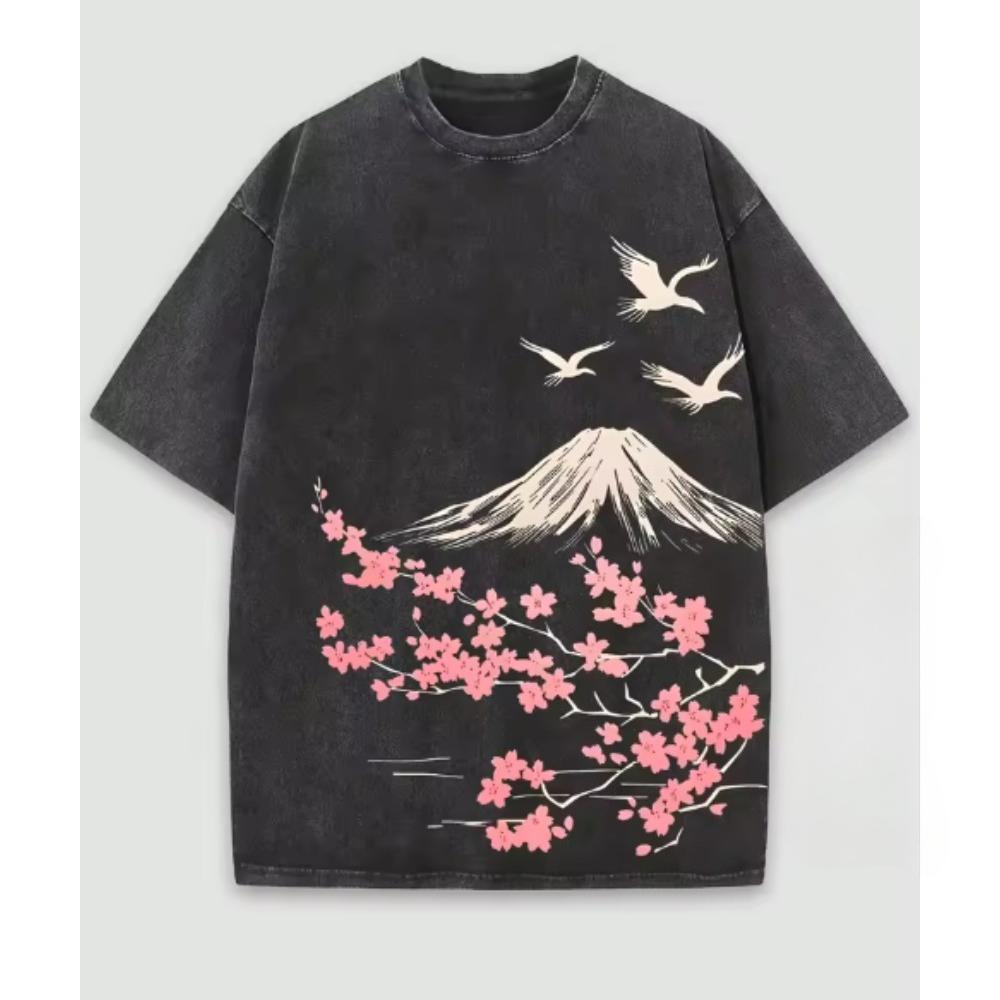

Casual Round Neck TShirt Unisex Vintage Streetwear Graphic Tee Hip Hop Cotton Washed Floral Mountain Graphic Print S
