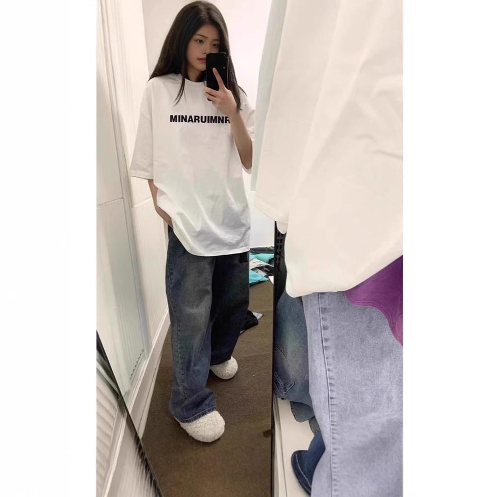 American retro white heavy letter short-sleeved t-shirt women's summer new loose large size fat MM medium and long top