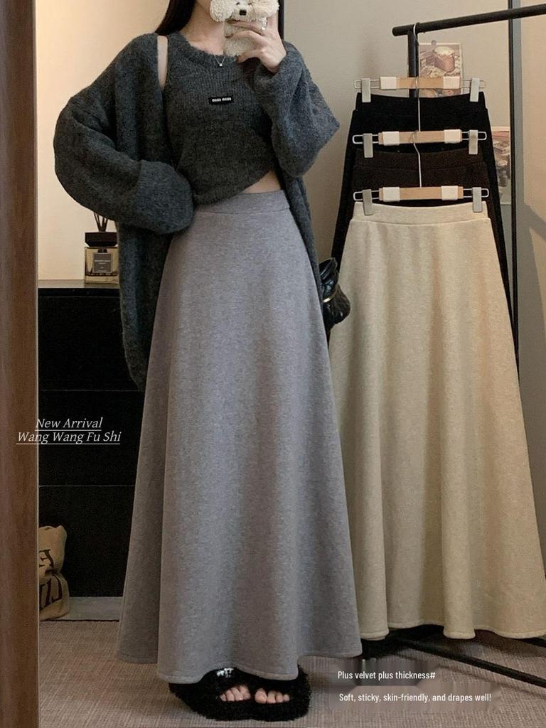 Korean Style High-Waisted Plus-Velvet Midi Skirt for Women - 2025 Autumn/Winter Elastic Waist Slimming Straight Skirt