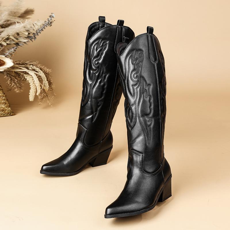 

Eilyken Winter Designer Square Heels Knee High Boots Women Pointed Toe Shoes Embroidery Western Botas Largas Mujer 35 чёрный