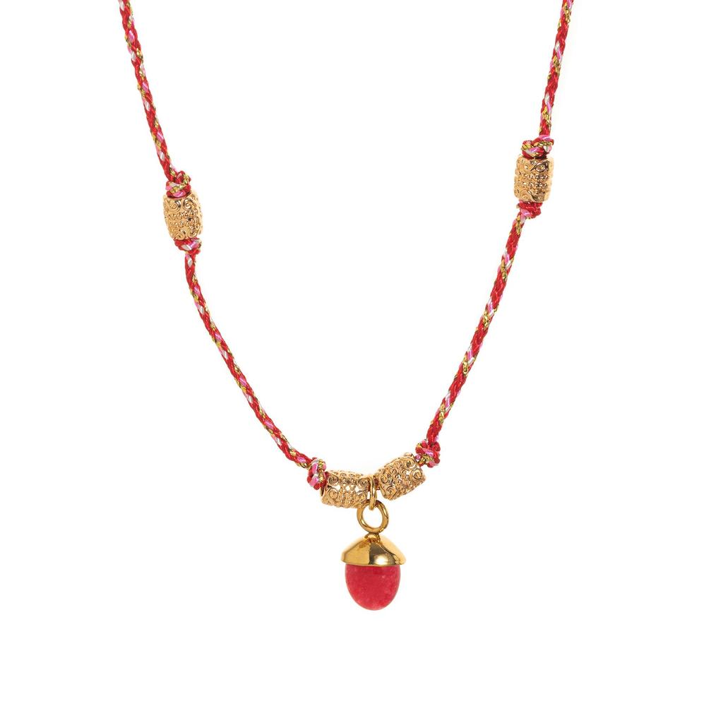Stainless Steel Half-circle Natural Stone Acorn Pine Cone Pendant Necklace with Hand-knotted Rope Jewelry for Women.