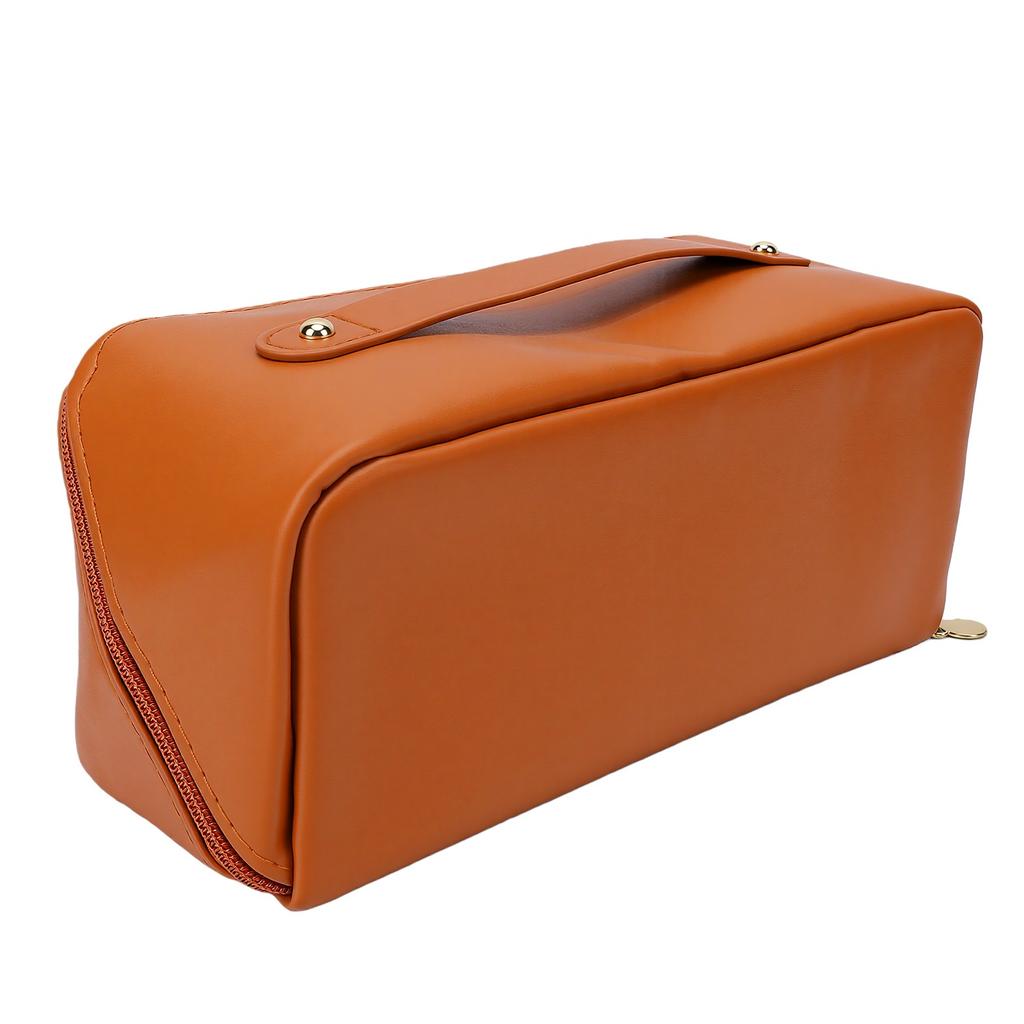 PU Leather Travel Makeup Bag Water Proof Large Capacity Wide Opening Cosmetic Bag Khaki