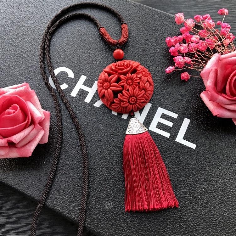 Neoclassical Chinese red cinnabar fringed necklace retro fashion long versatile sweater chain four seasons ethnic style accessories