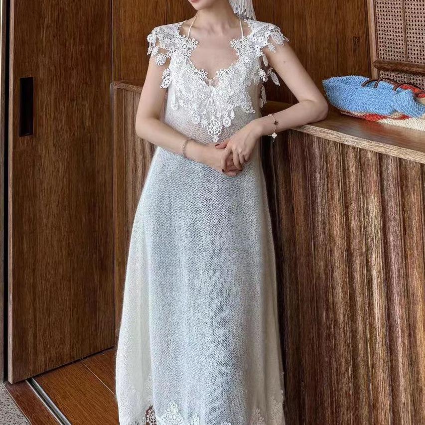 Urban Wave Beige Mohair V-Neck Lace Camisole Dress - Spring Collection