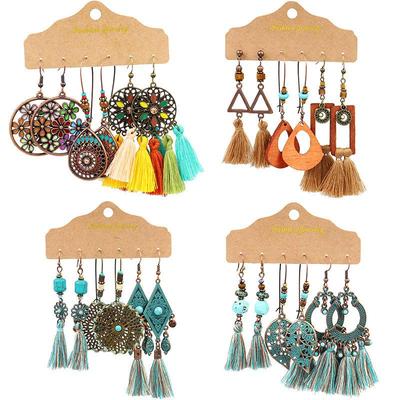 Vintage-Set mit großen, runden, mehrfarbigen Perlenohrringen für Frauen, ethnischer Boho-Quastenfeder, langer Traumfänger-Tropfenohrring-Schmuck