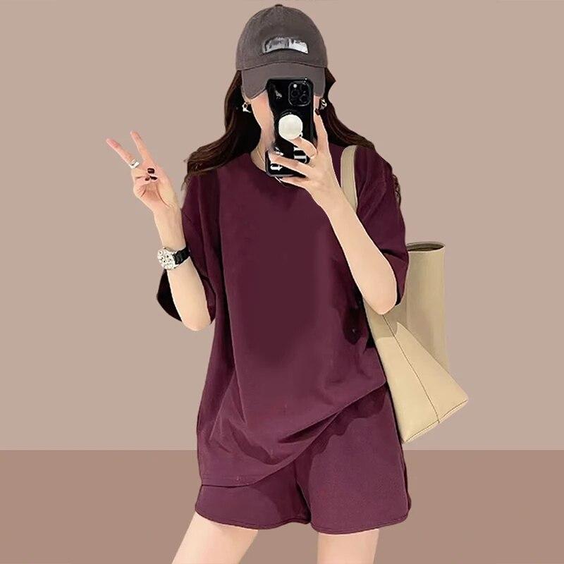 2025 Summer Casual Women Sports set Solid Color Suit korean simple Loose Short Sleeve O-neck Tops & Shorts Pant Two Piece Set