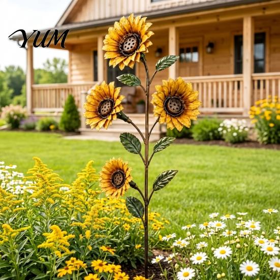 Outdoor Floral Landscaping Accents Vintage Sunflower Hummingbird Feeder, Metal Garden Stake Water Station, Decorative Iron Yard Ornaments Bird Feeding