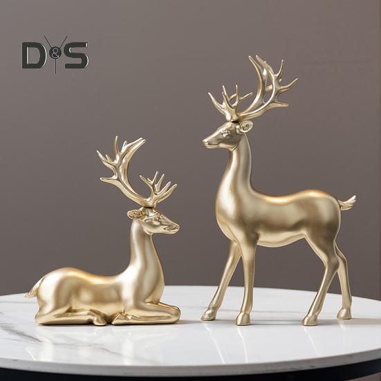 2Pcs Casal Rena Estatueta De Pé Deitado Cervo Estátua Resina Alce Escultura Natal Escritório Em Casa Estante Decoração De Mesa Ornamento
