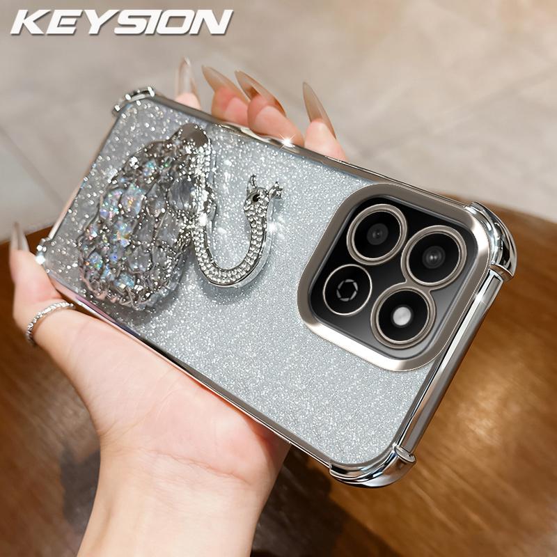 KEYSION Shockproof Plating TPU Phone Case for HONOR X7c Glitter Jewelled Swan kickstand Back Cover for Honor 200 Smart 5G