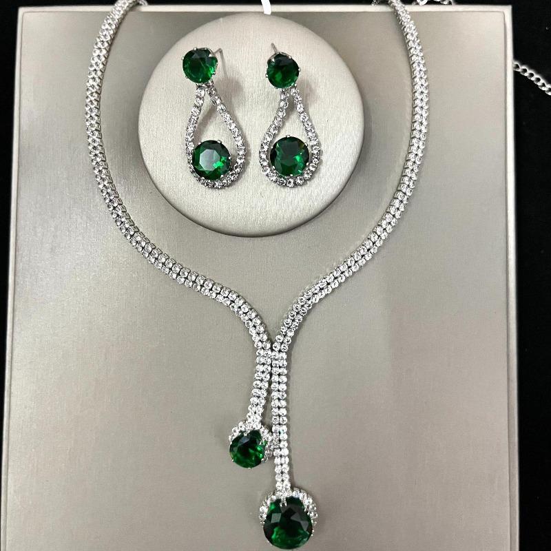 Korean Metal Claw Chain Rhinestone Wedding Necklace Bridal Necklace Earrings Jewelry Banquet Necklace Jewelry Set зелёный