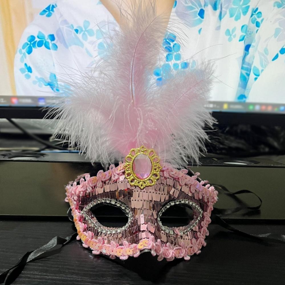 

Princess Feather Half Face Mask Dressing Makeup Ball Diamond Sequin Venetian Party Mask Cosplay Costume Performance Props рожевий