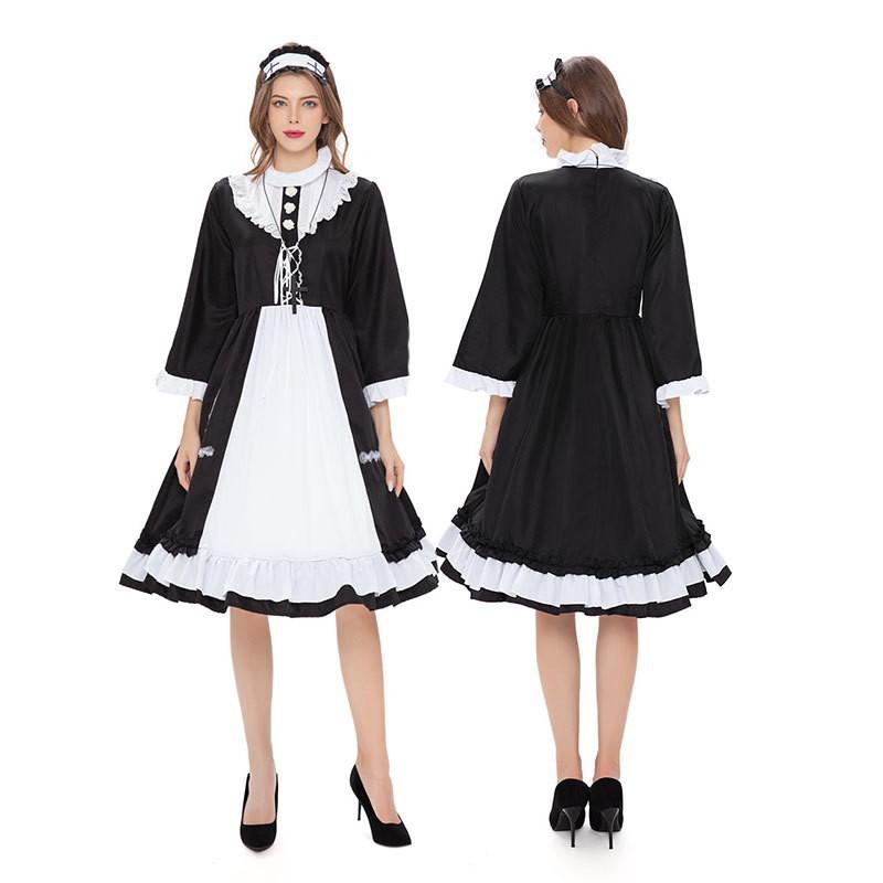 Anime Cosplay Maid Costume With Apron Headband Cross Necklace Sweet Japanese Style Stage Outfit Women