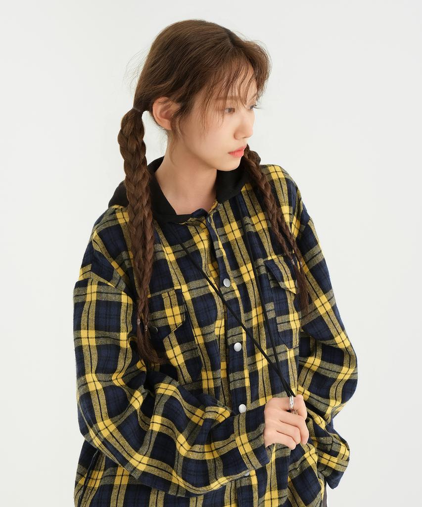 SLOW RECORD HOUSE Hooded Check Shirt_Yellow