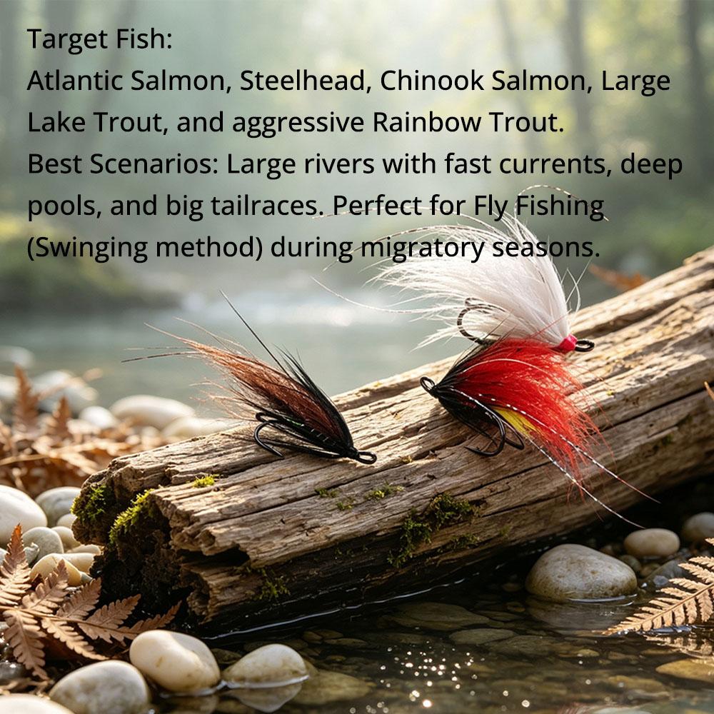 #6 Double Hook Salmon Steelhead Wet Flies, Intruder Style Fox Tail Streamer Fishing Lure, Trout Bass Bait Freshwater & Saltwater