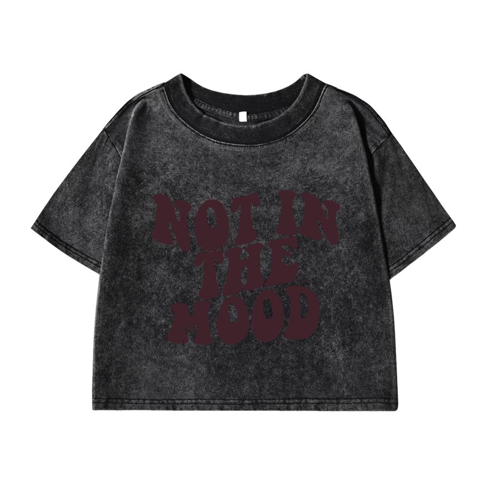 Women'S Cotton Crop Tops Distressed Regular Fit Washed T-Shirts In Bad Mood Printing Short Sleeve Female Clothes