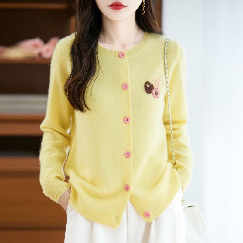 

Cherry Embroidery Women s Wool Cardigan: Age-Reducing, Round Neck, Autumn/Winter Casual Knit Sweater Coat Design. XL (125-135 lbs)