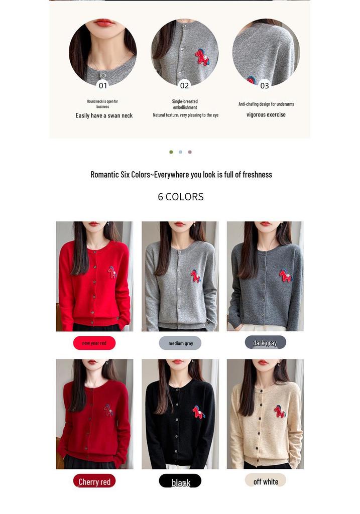Andy's Women's Cartoon Pony Embroidered Knit Cardigan - Round Neck, Long-Sleeved, Autumn Winter Sweater