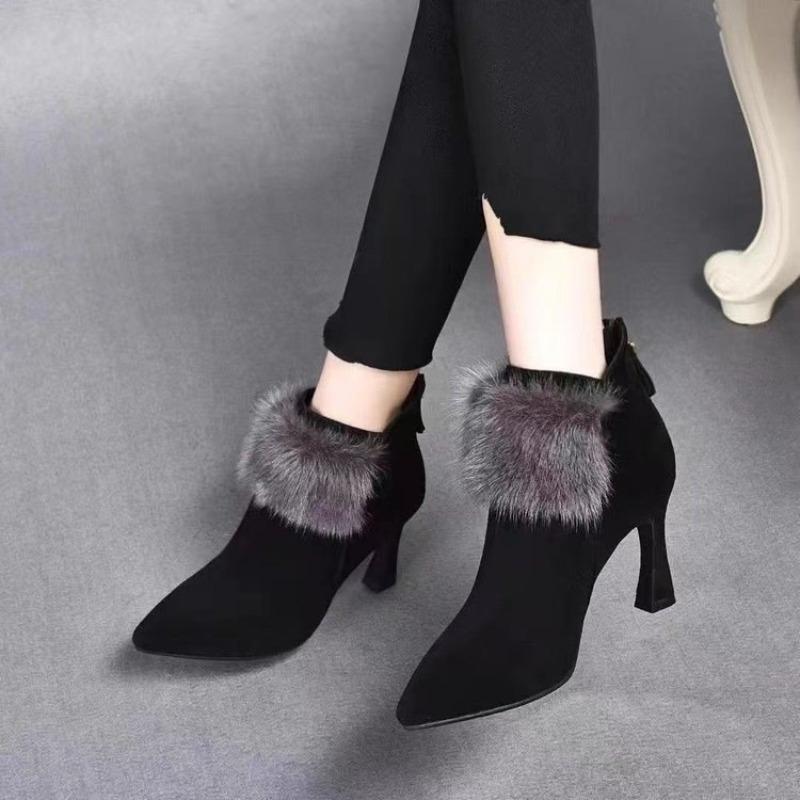 Fleece Warm High-heeled Short Boots Winter New Small-heeled Stiletto Temperament Pointed-toed Versatile Fashion Cotton Boots