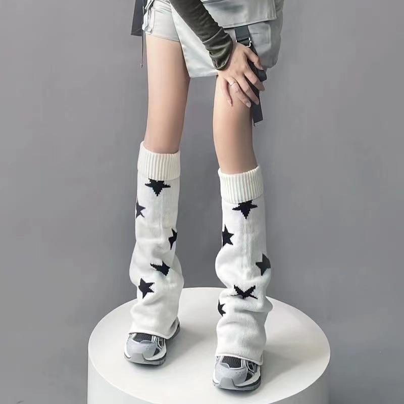Y2K Double-Sided Wear Spicy Girl Knit Leg Warmers - Black & White Star Color Block Calf Socks