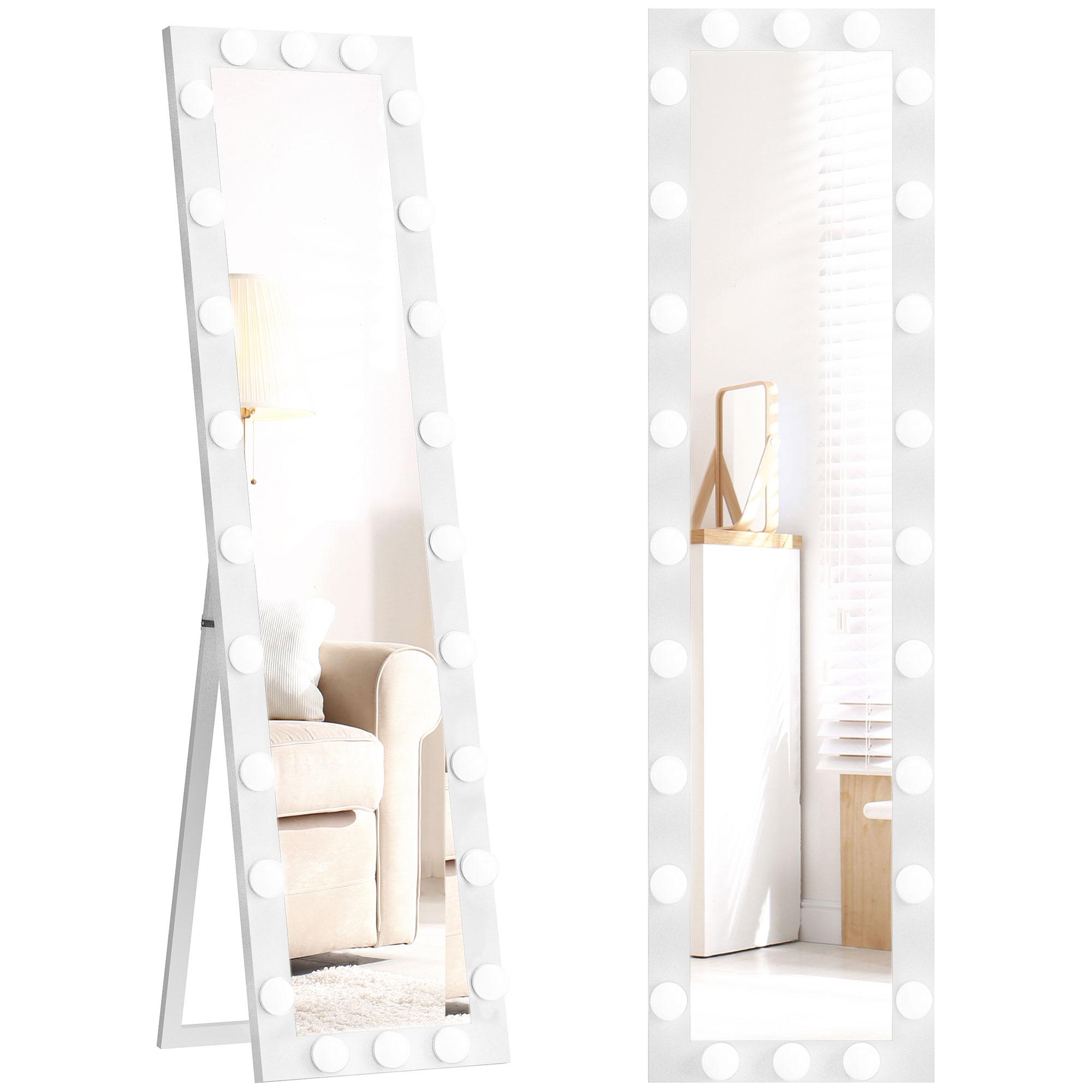 Miroir Pleine Longueur 150x40 Cm Miroir LED Avec 24 Ampoules 3 Couleurs de Lumière Autoportant Ou Incliné Blanc