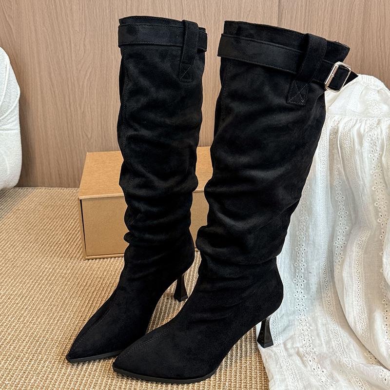 Korean Retro Suede Pointed Toe High Heel Pleated Pile Boots Women's 2025 New Buckle Skinny Heel High Boots