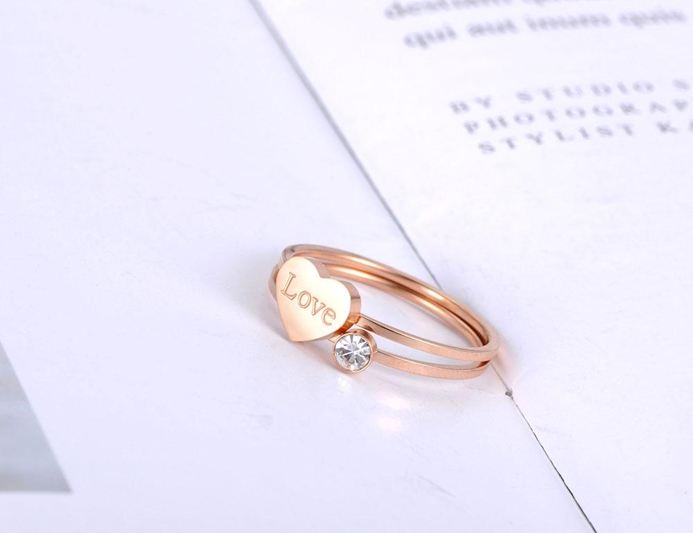 JeeMango Trendy 2 In 1 Titanium Stainless Steel Love Heart Ring Rose Gold Color CZ Crystal Anniversary Rings For Women JR19026