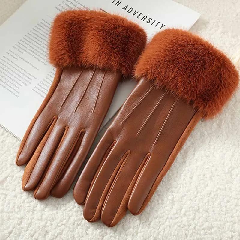 Fashion Elegant Party Warm Touch Screen Drive Cycling Winter Luxury Women PU Leather Gloves Wrist Soft Faux Fur Trim Cuff