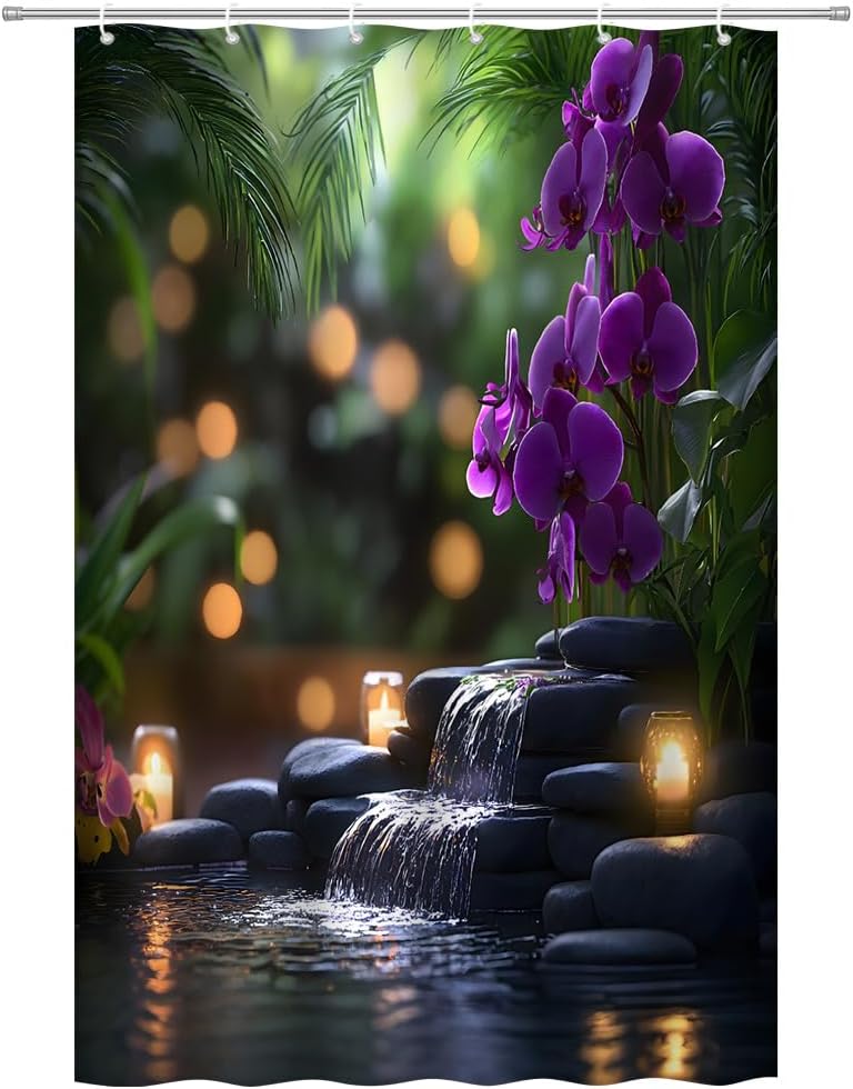 Zen Garden Shower Curtain Waterfall with Purple Orchids Green Leaves Tropical Spa Theme Candle Light Asian Scene Bath Curtain 90x180CM