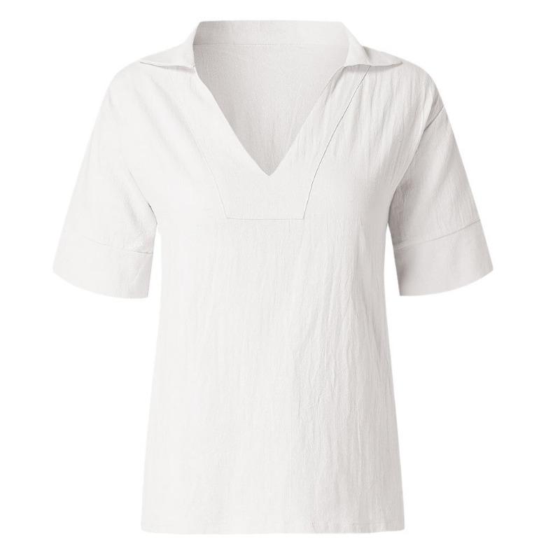 V-neck Cotton Linen Versatile Solid Color Women's Shirt